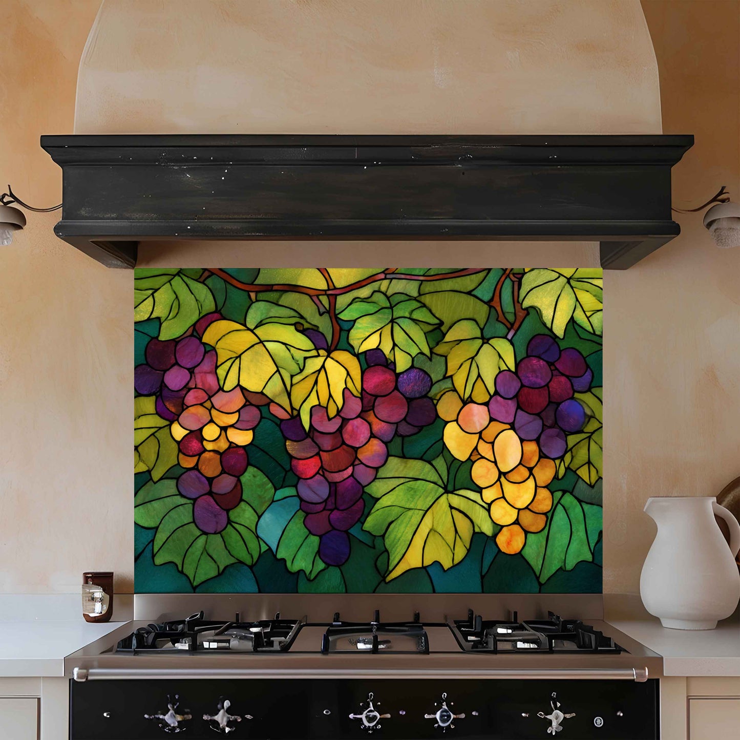 Tempered Glass Backsplash With Vivid Vineyard for Tuscan Style Kitchen