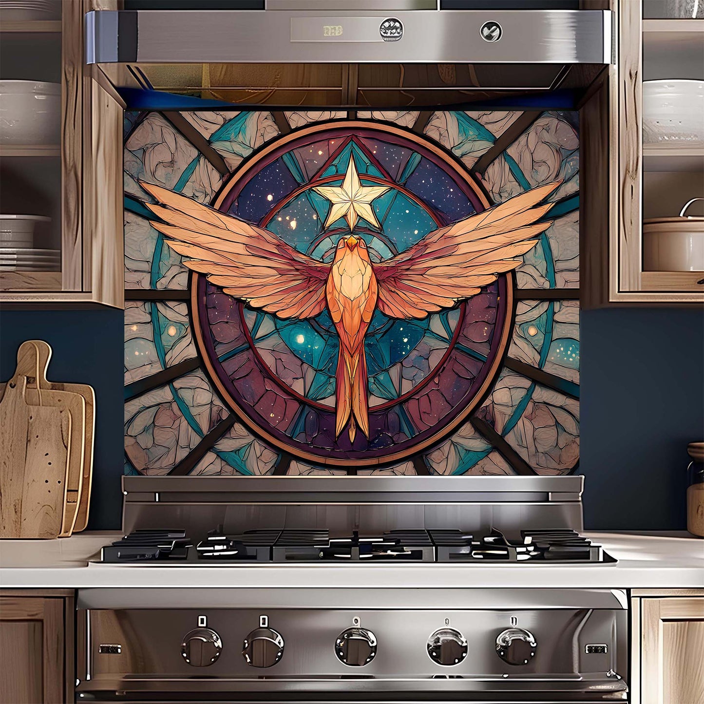 Custom Kitchen Backsplash – Celestial Ascent Tempered Glass Backsplash for Stove