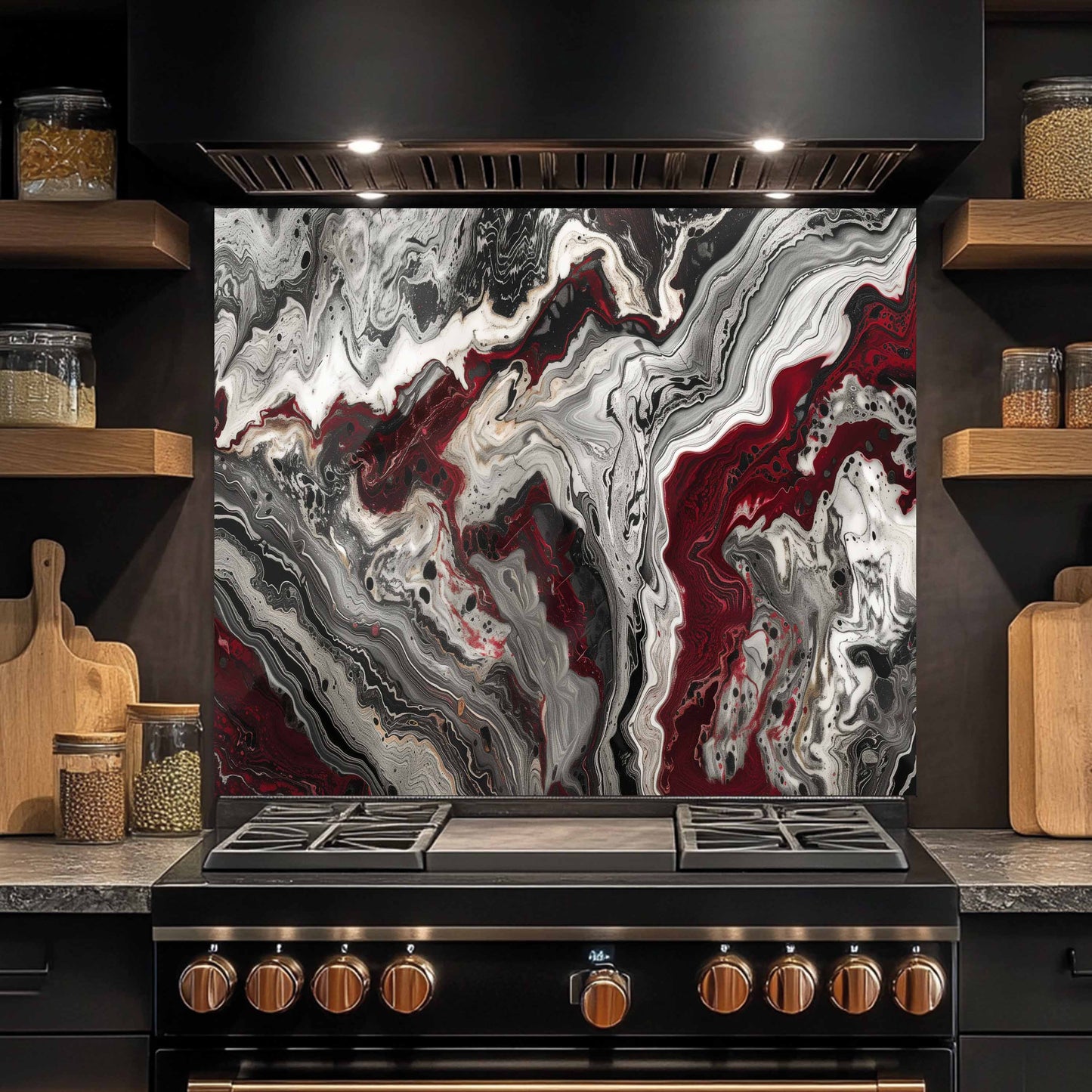 Glass Kitchen Backsplash – Red Black Marble Abstract Splashback for Stove