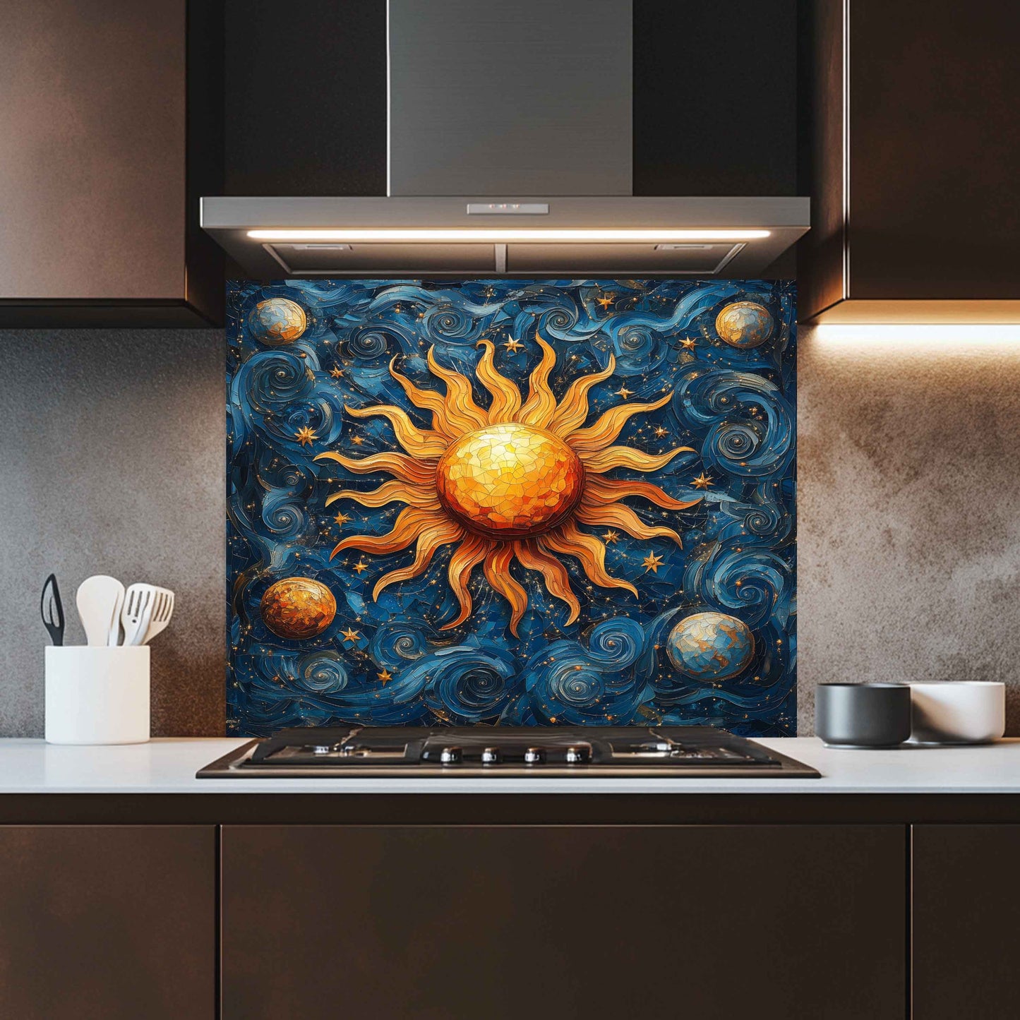 Solar Waltz Tempered Glass Backsplash – Cosmic Sun and Galaxy Kitchen Splashback