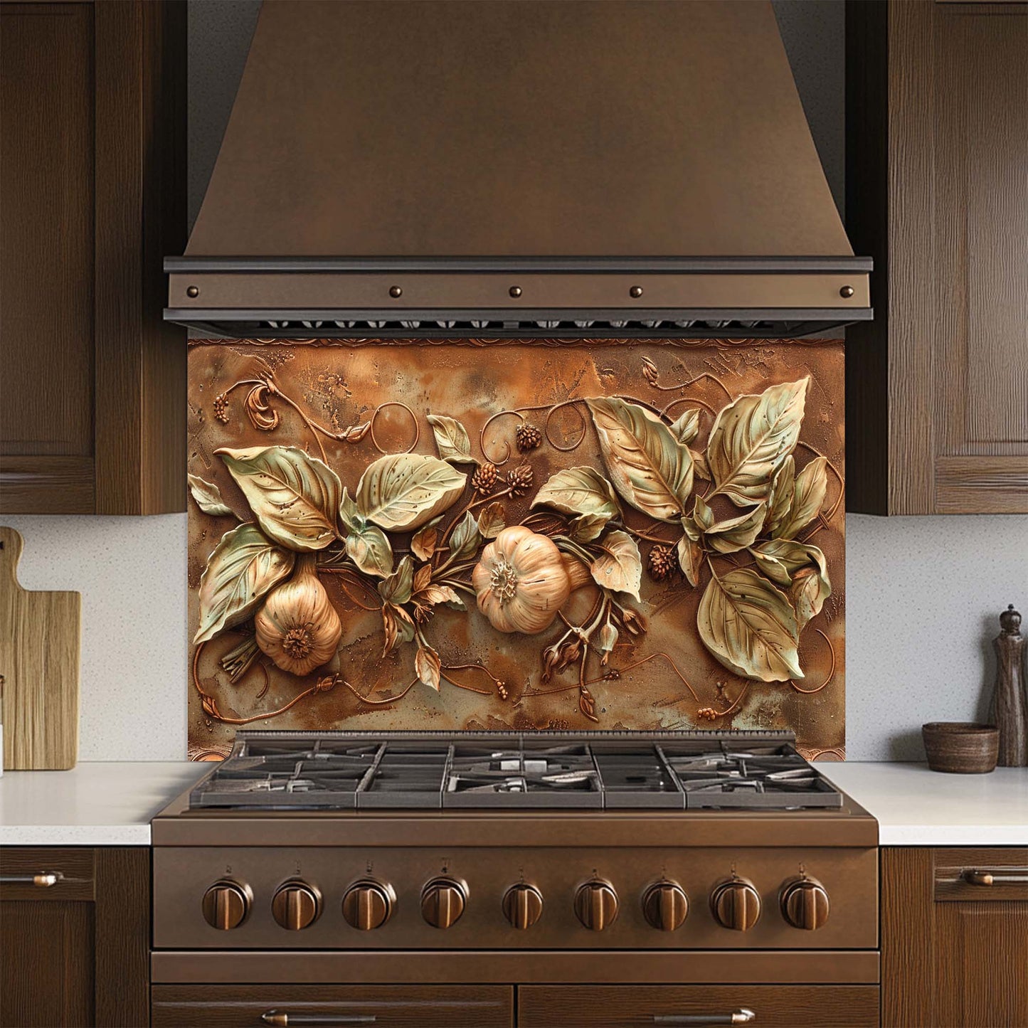 Golden Harvest Relief Tempered Glass Backsplash for Kitchen | Tuscan Garlic Backsplash