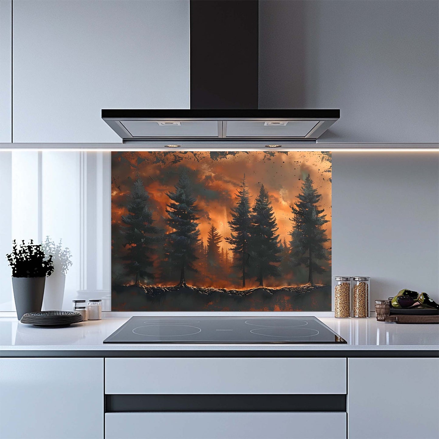 Ash Rise – Tempered Glass Backsplash for Kitchen Stove | Wild Forest in Fire Scene Backsplash