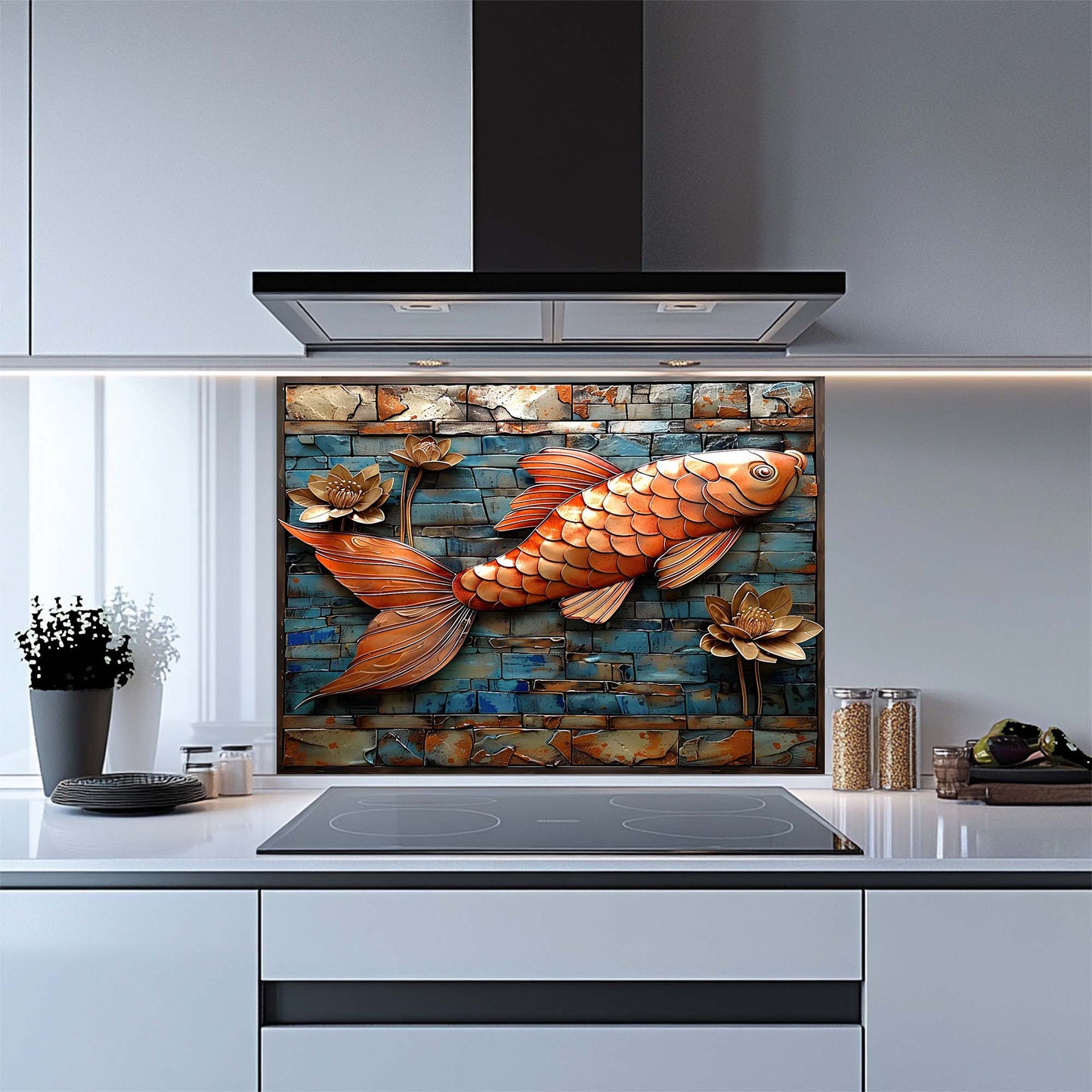 Copper Koi – Tempered Glass Backsplash for Kitchen | Fish and Lotus Copper Look Backsplash