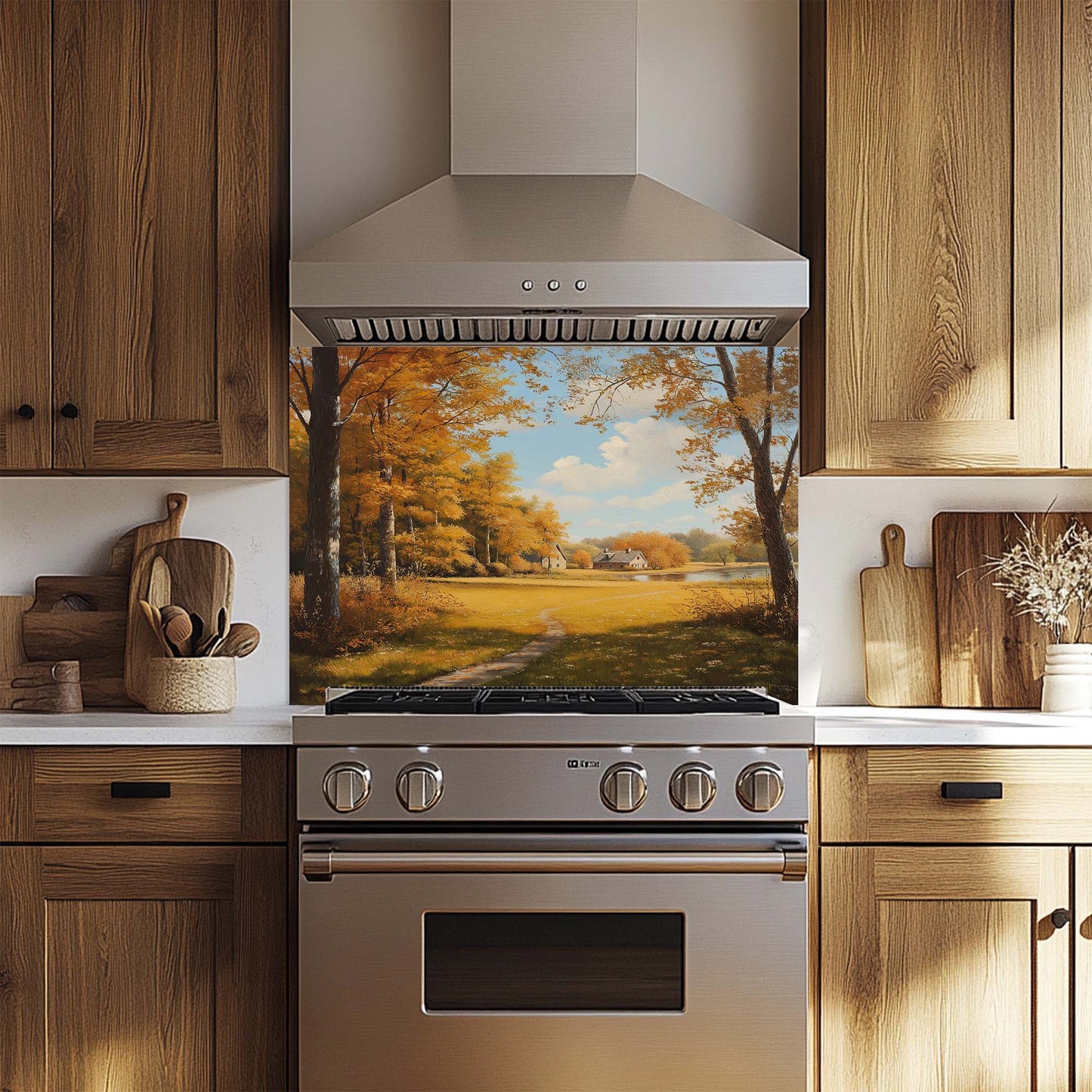 Amber Haven – Tempered Glass Backsplash for Kitchen | Autumn Cottage Landscape Backsplash