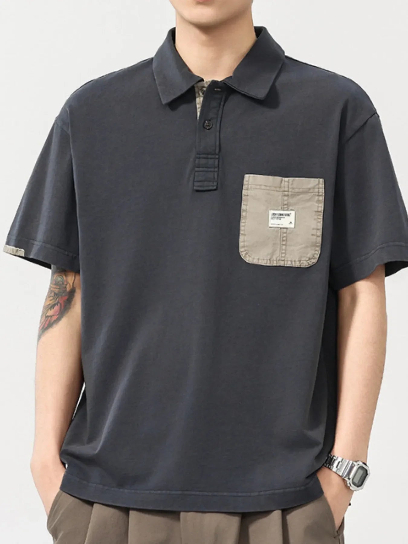 Men's Plus Size Vintage Washed Pocket Polo Shirt