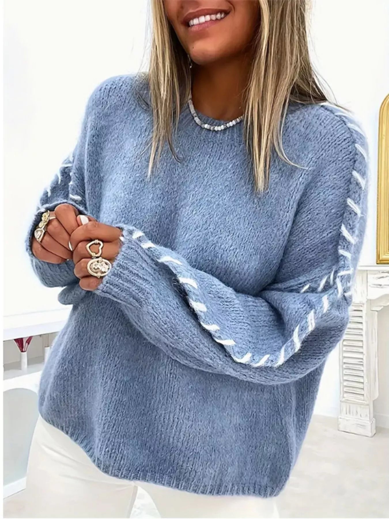 Contrast Stitching Dropped Shoulder Sweater