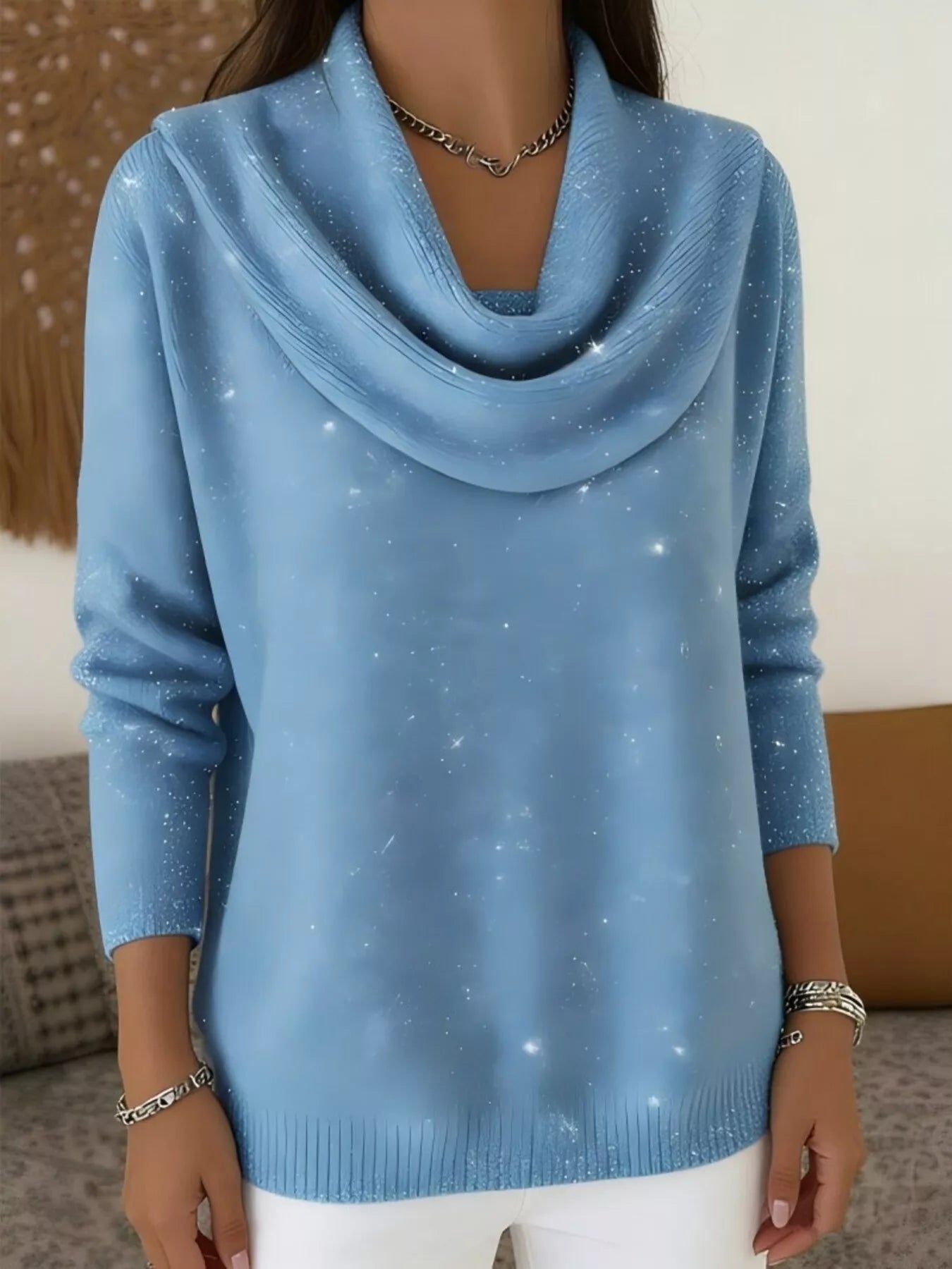 Full Size Glitter Cowl Neck Long Sleeve Sweater Plus Size