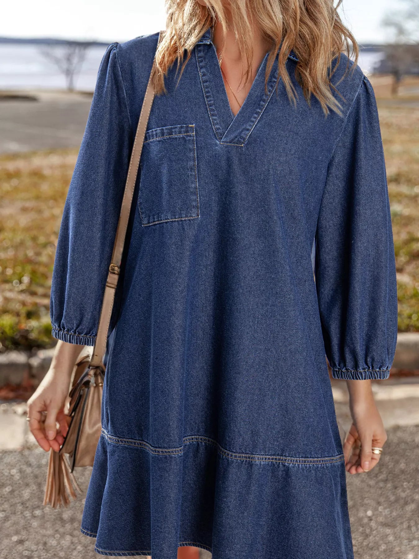 V Neck Collared Single Chest Pocket Long Sleeve Denim Dress