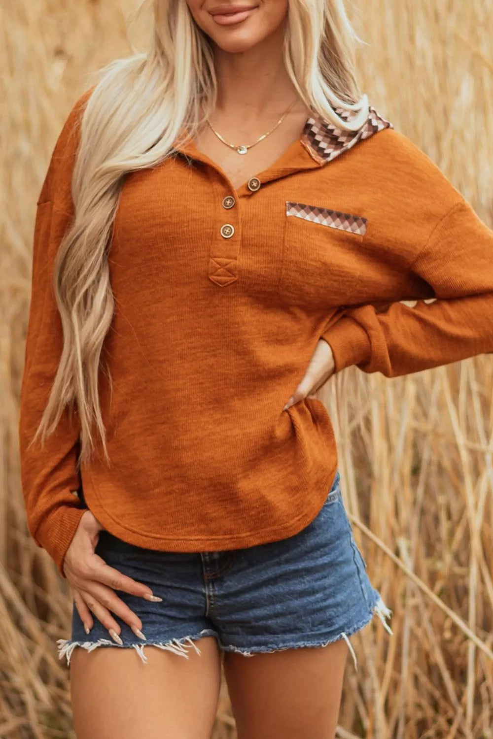 Casual Long Sleeve Henley Hooded Top