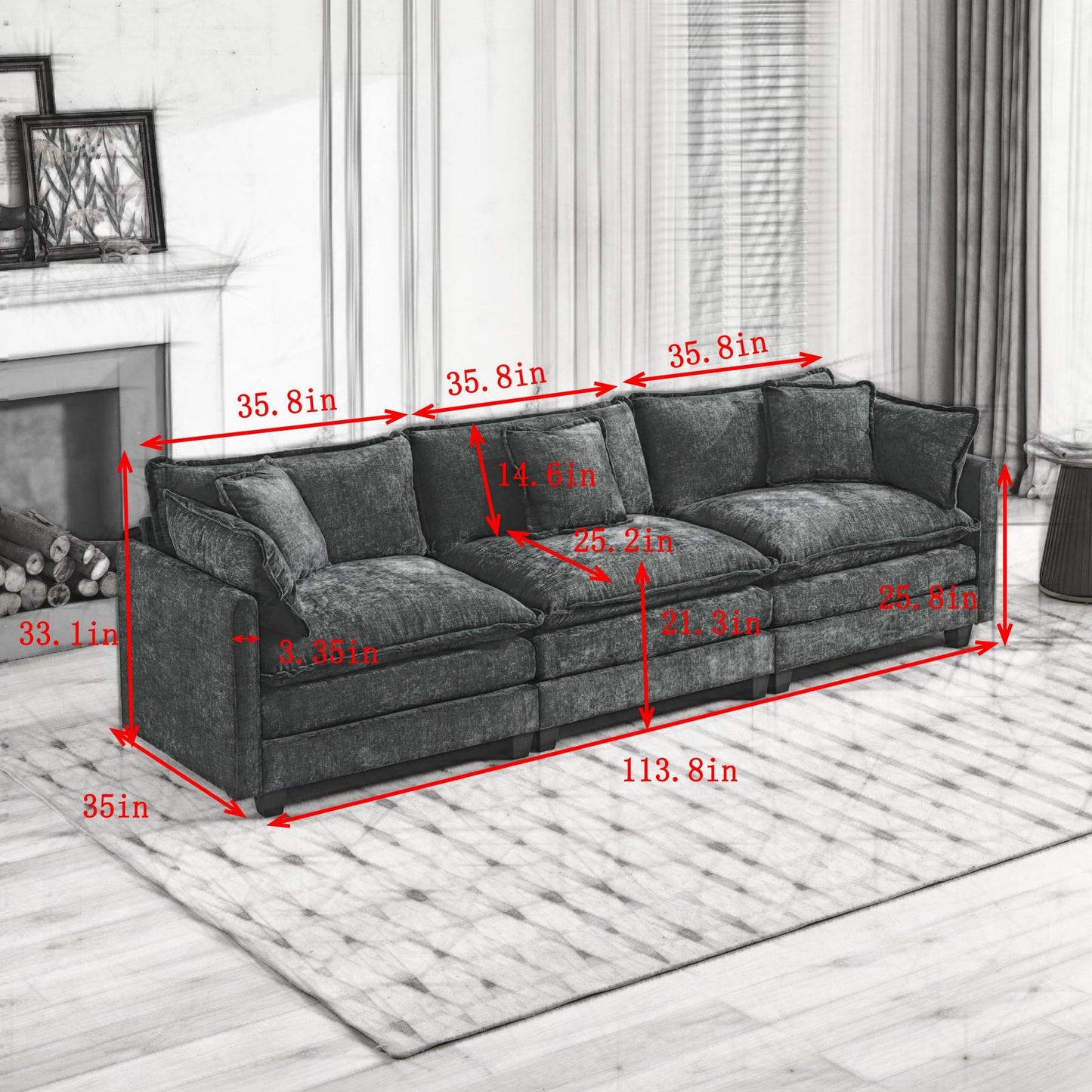 Cloud3 Seats  Sofa (Ottoman is not included)Chenille Fabric in Beige