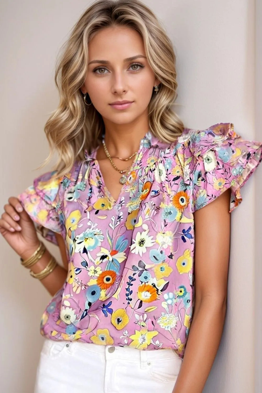 Printed Notched Double Layered Ruffle Sleeve Blouse
