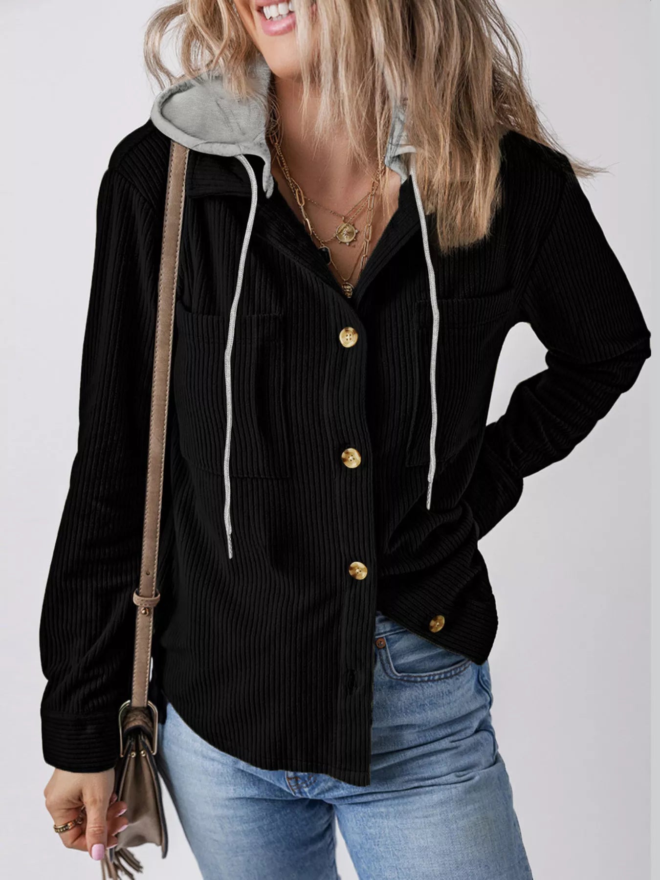Hooded Corduroy Button-Down Jacket