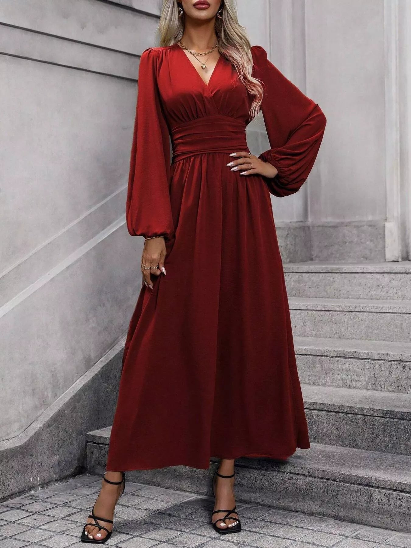 Slit Balloon Sleeve Midi Dress