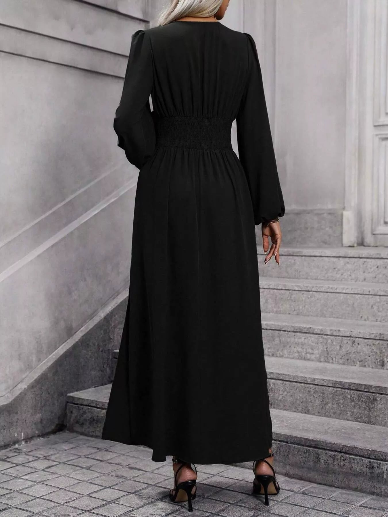 Slit Balloon Sleeve Midi Dress