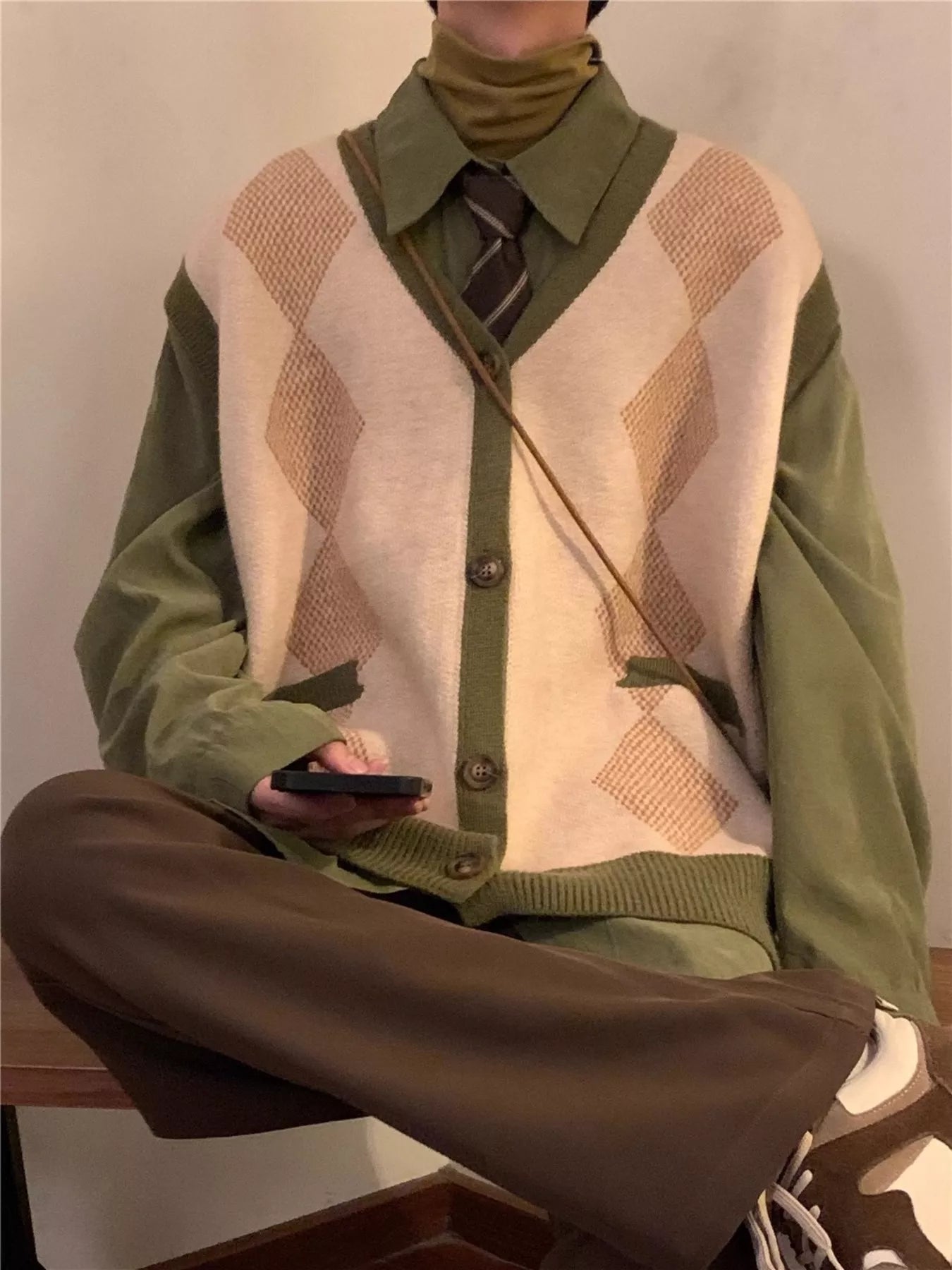 Men's Argyle Knit Button Up Cardigan Sweater Vest