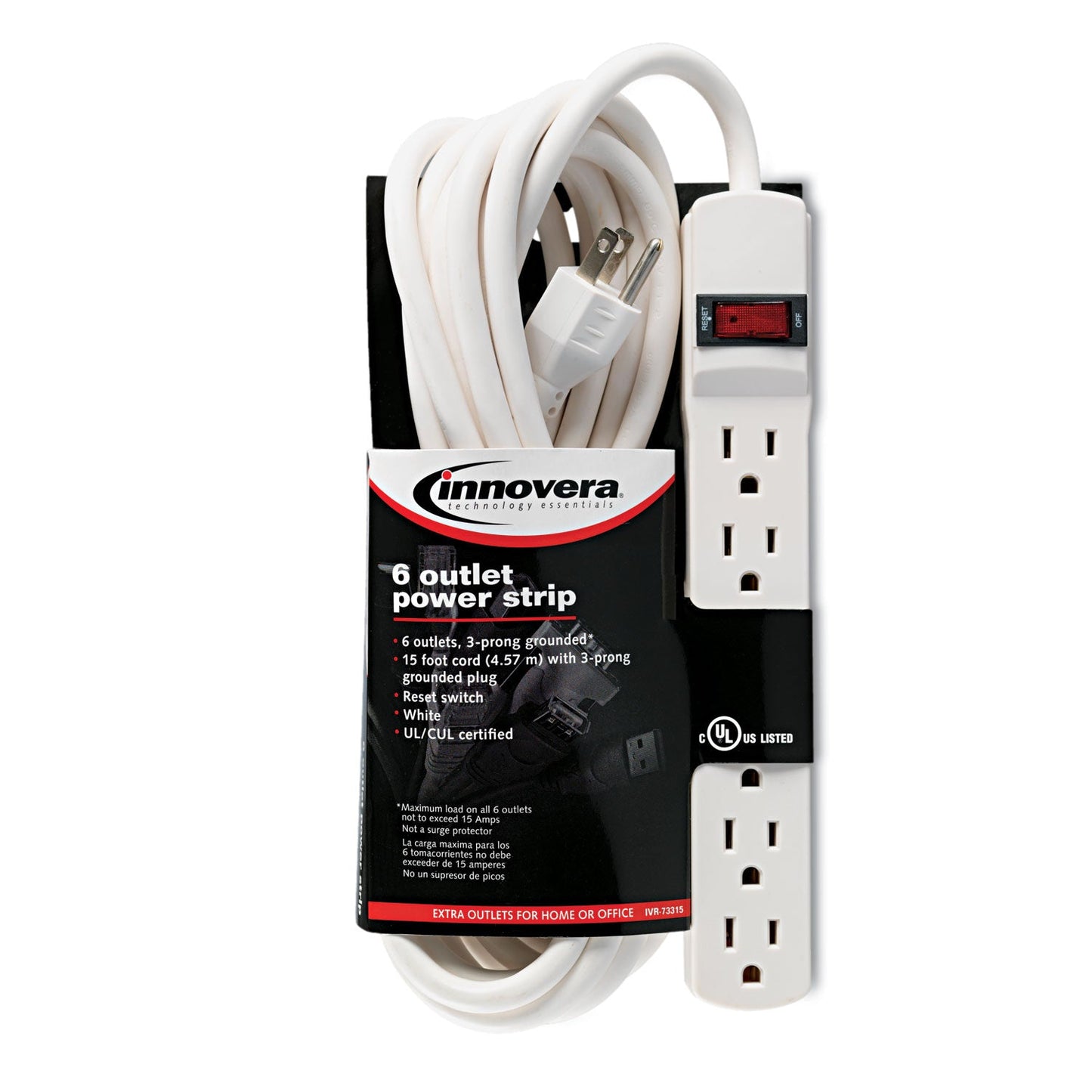 Innovera Power Strip, 6 Outlets, 15 ft Cord, Ivory