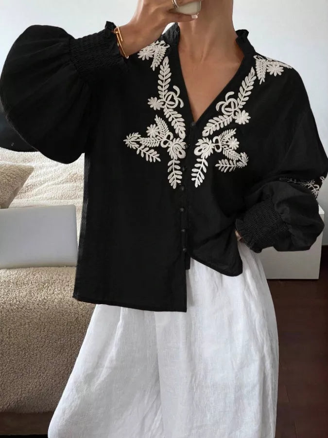 Embroidered Notched Long Sleeve Blouse