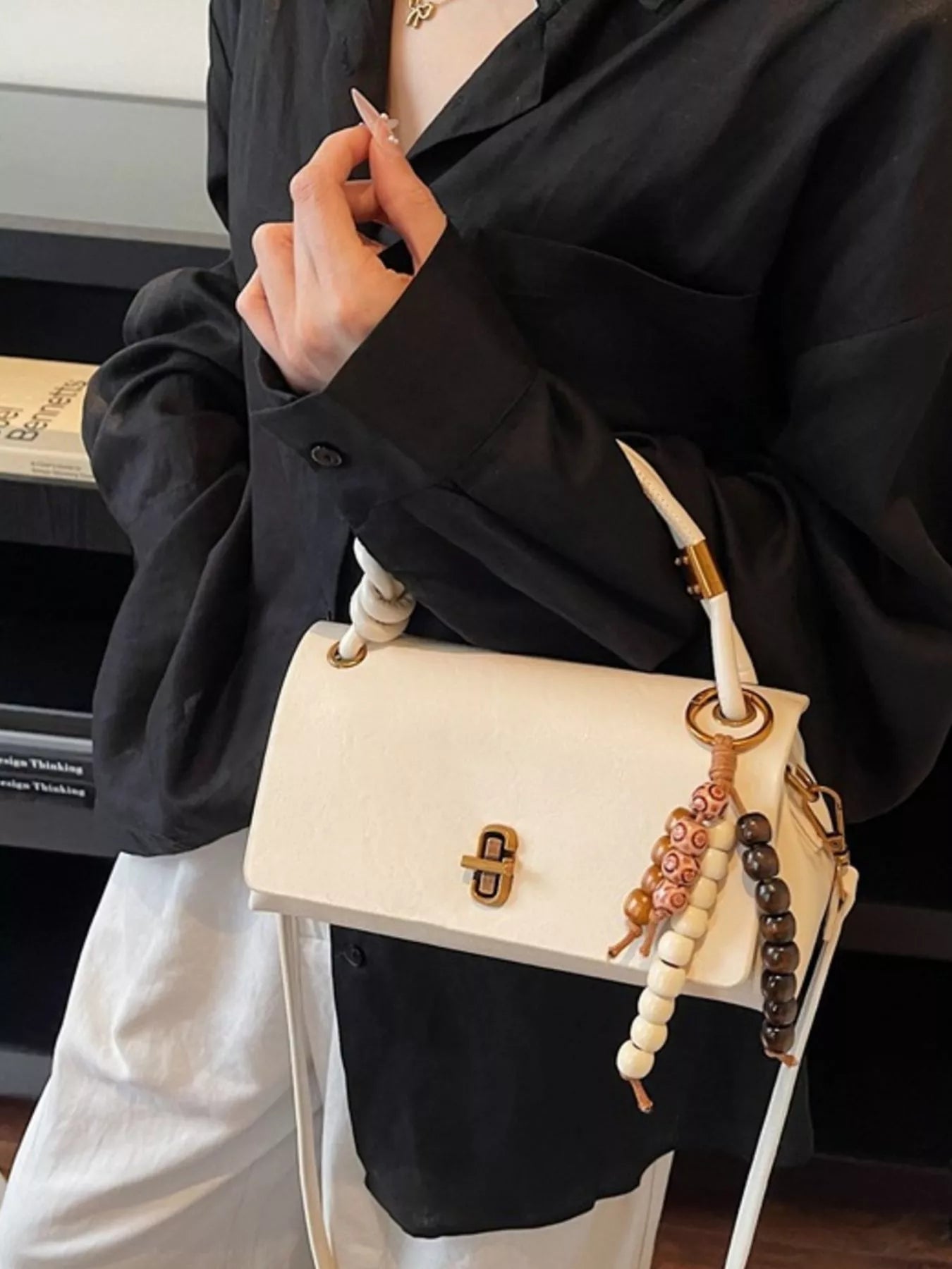 Leather Crossbody Bag with Bead Charm