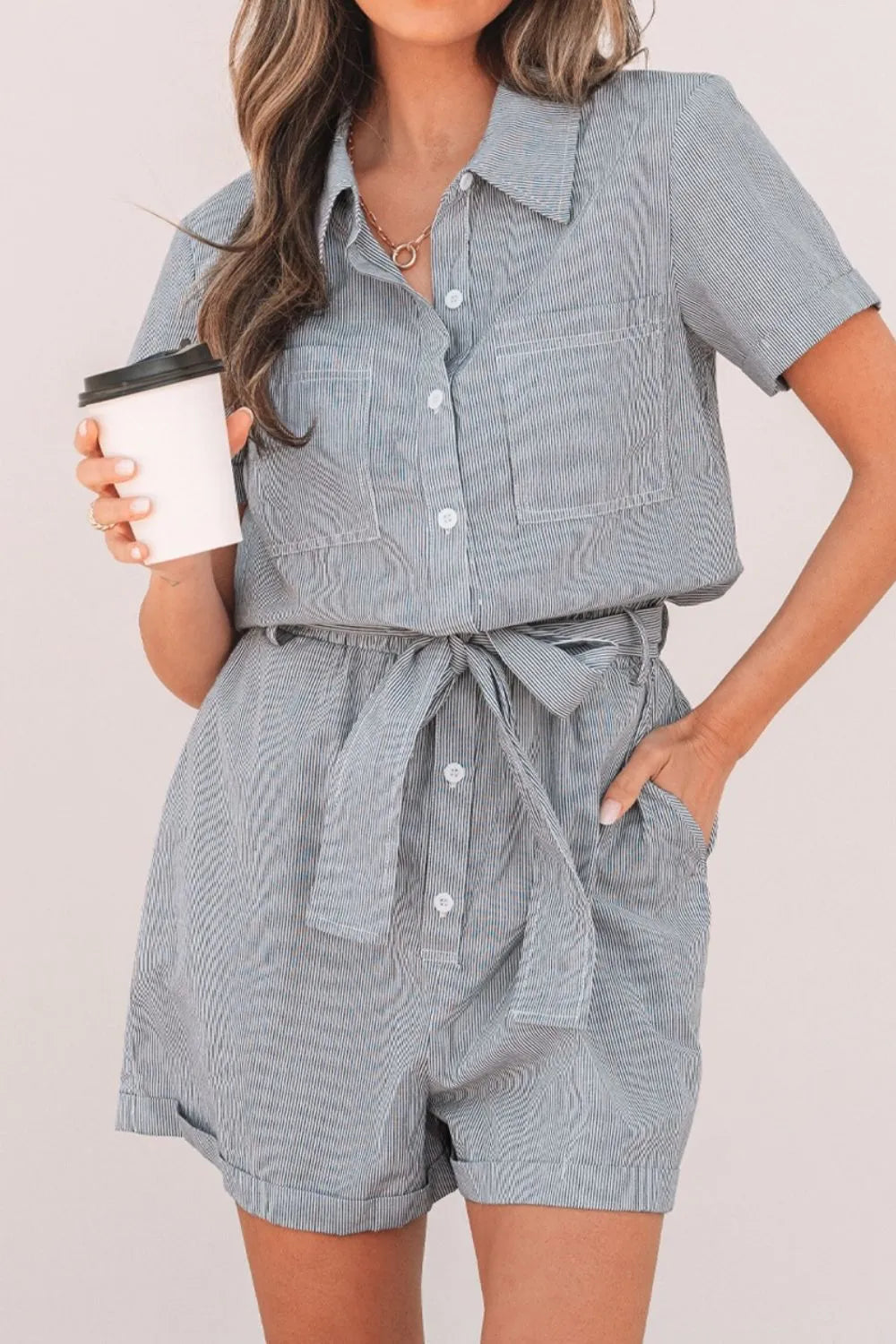 Stripe Chest Pockets Tie Waist Romper