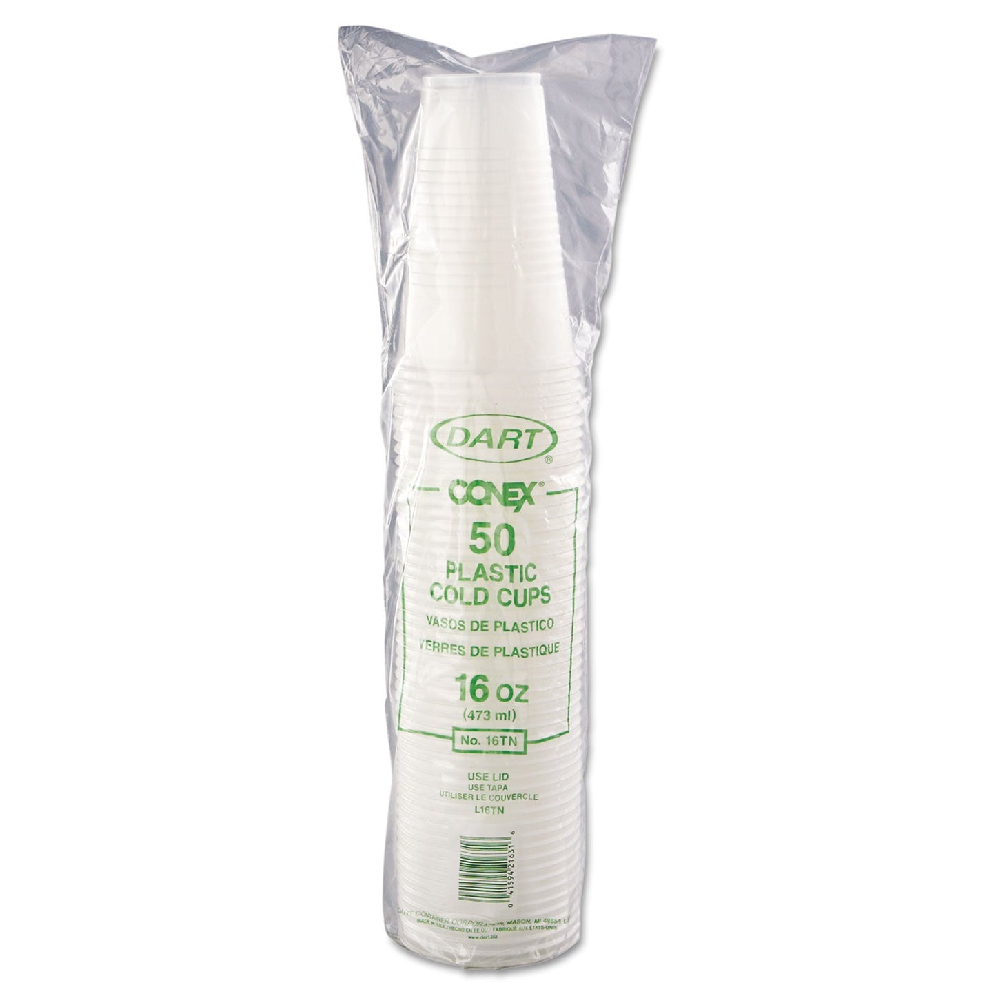 Dart High-Impact Polystyrene Cold Cups, 16 oz, Translucent, 50 Cups/Sleeve, 20 Sleeves/Carton