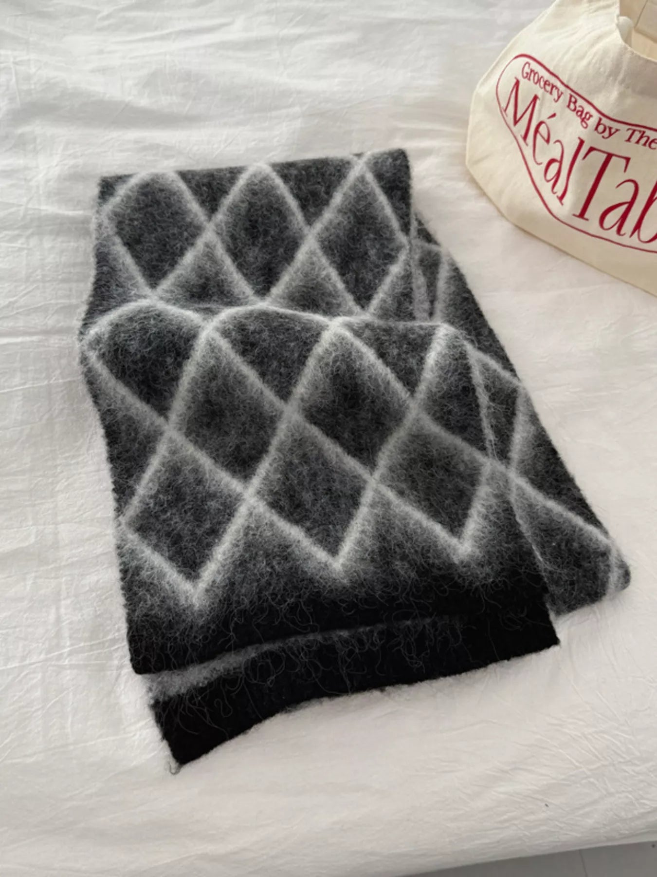 Diamond Pattern Fuzzy Knit Scarf