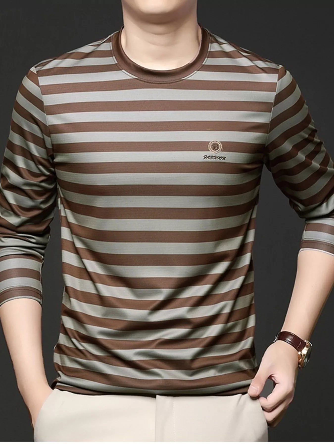 Men's Plus Size Striped Long Sleeve Thickened Warm T-Shirt