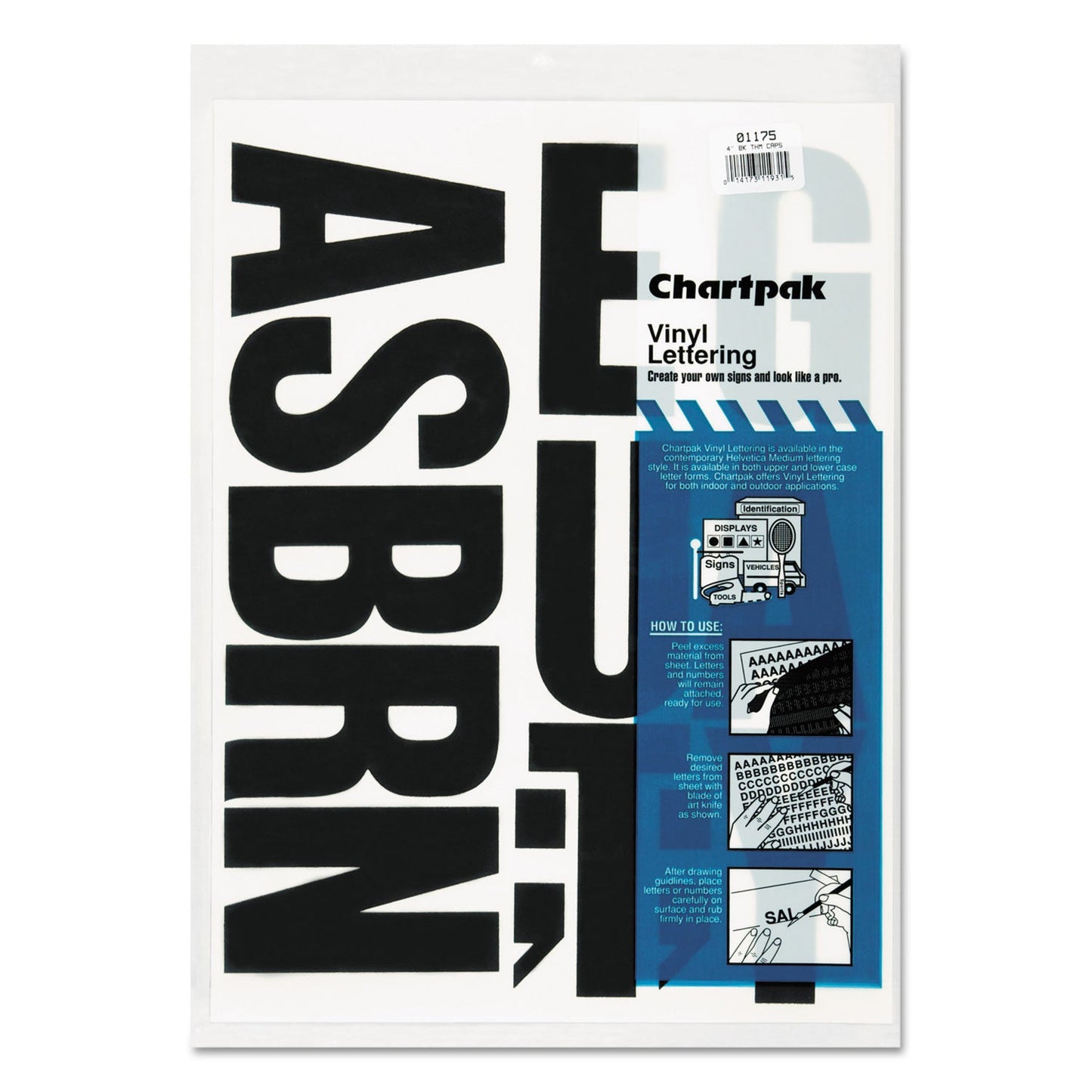 Chartpak Press-On Vinyl Uppercase Letters, Self Adhesive, Black, 4"h, 58/Pack