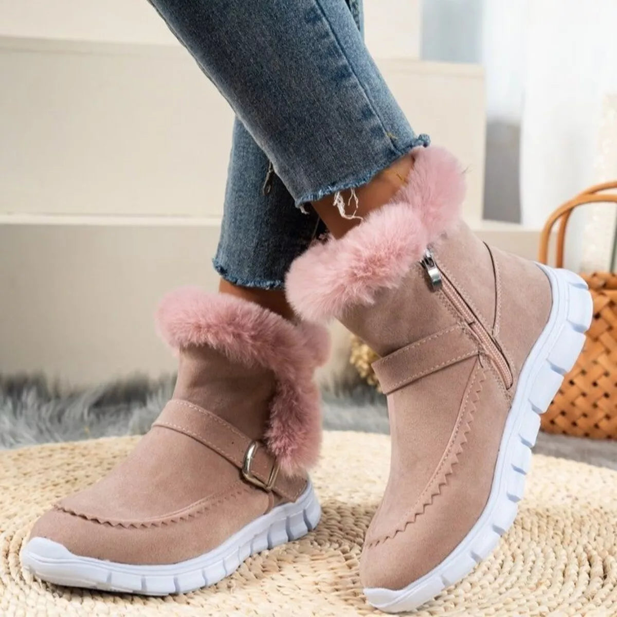 Fuzzy Trim Buckle Boots