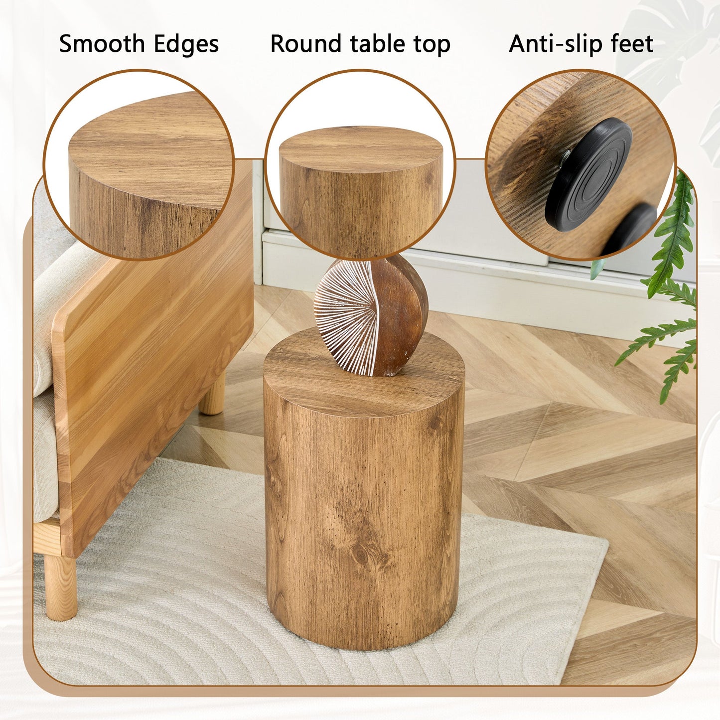 Modern Minimalist Set of Two Wood color Cylinder Coffee Tables