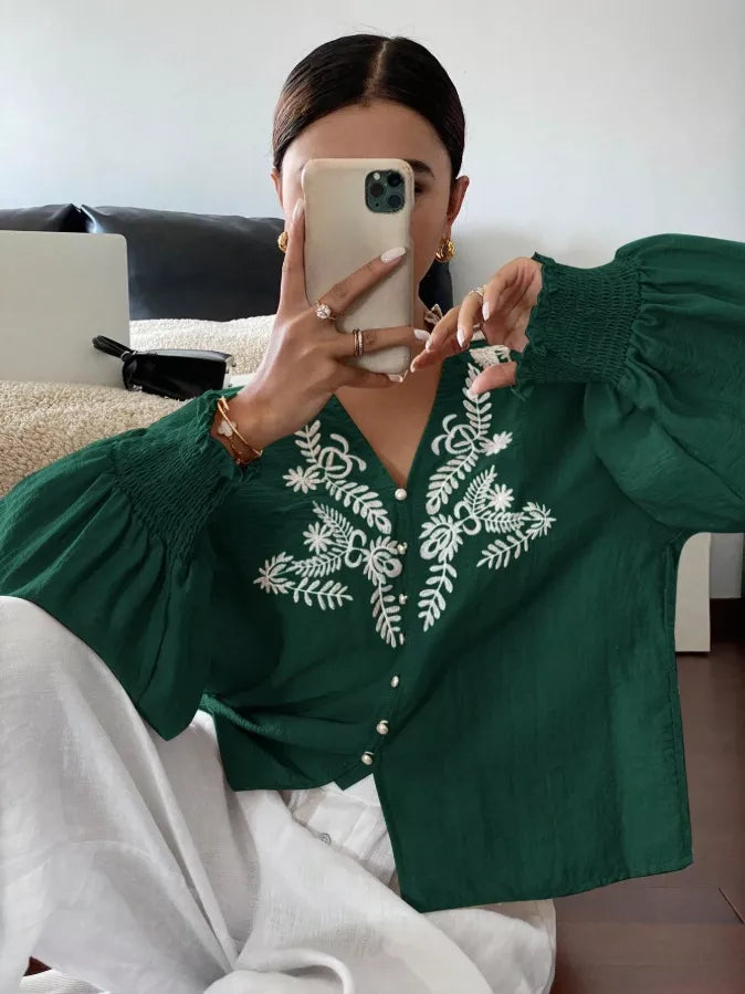 Embroidered Notched Long Sleeve Blouse
