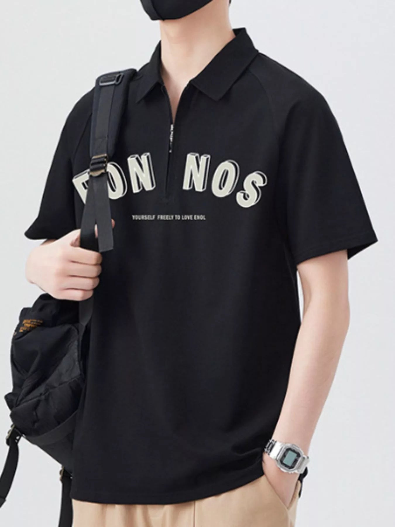 Men's Plus Size Zipper Polo Shirt with Letter Print