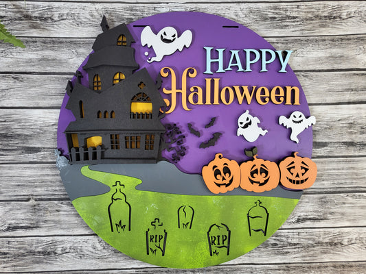 Happy Halloween Haunted Mansion Door Hanger - Finished