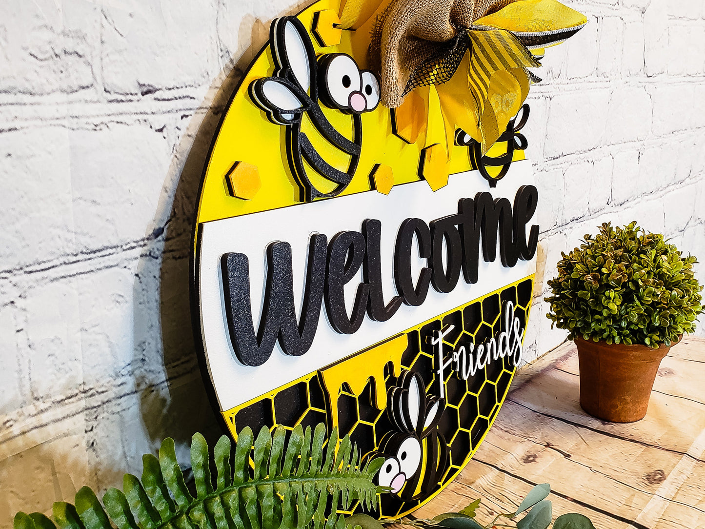 Welcome Friends Cartoon Bee Door Hanger - Finished