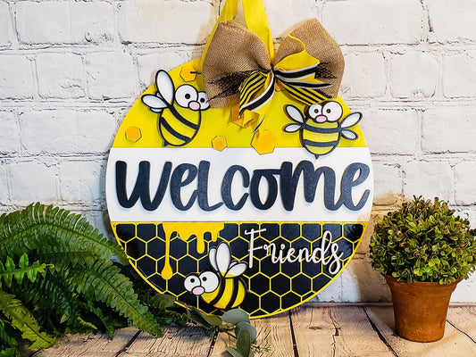 Welcome Friends Cartoon Bee Door Hanger - Finished