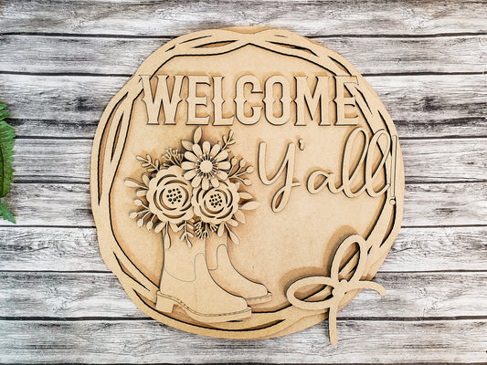 Welcome Yall Cowboy Boots with Flowers Door Hanger DIY Unfinished Kit