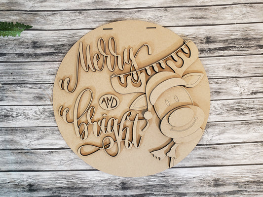 Merry and Bright Reindeer Christmas Door Hanger DIY Unfinished Kit