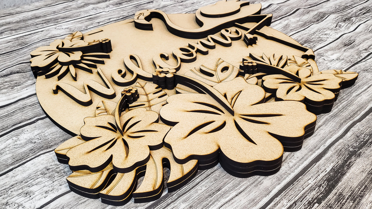 3D Welcome Tropical Palms and Flamingo Door Hanger DIY Unfinished Kit