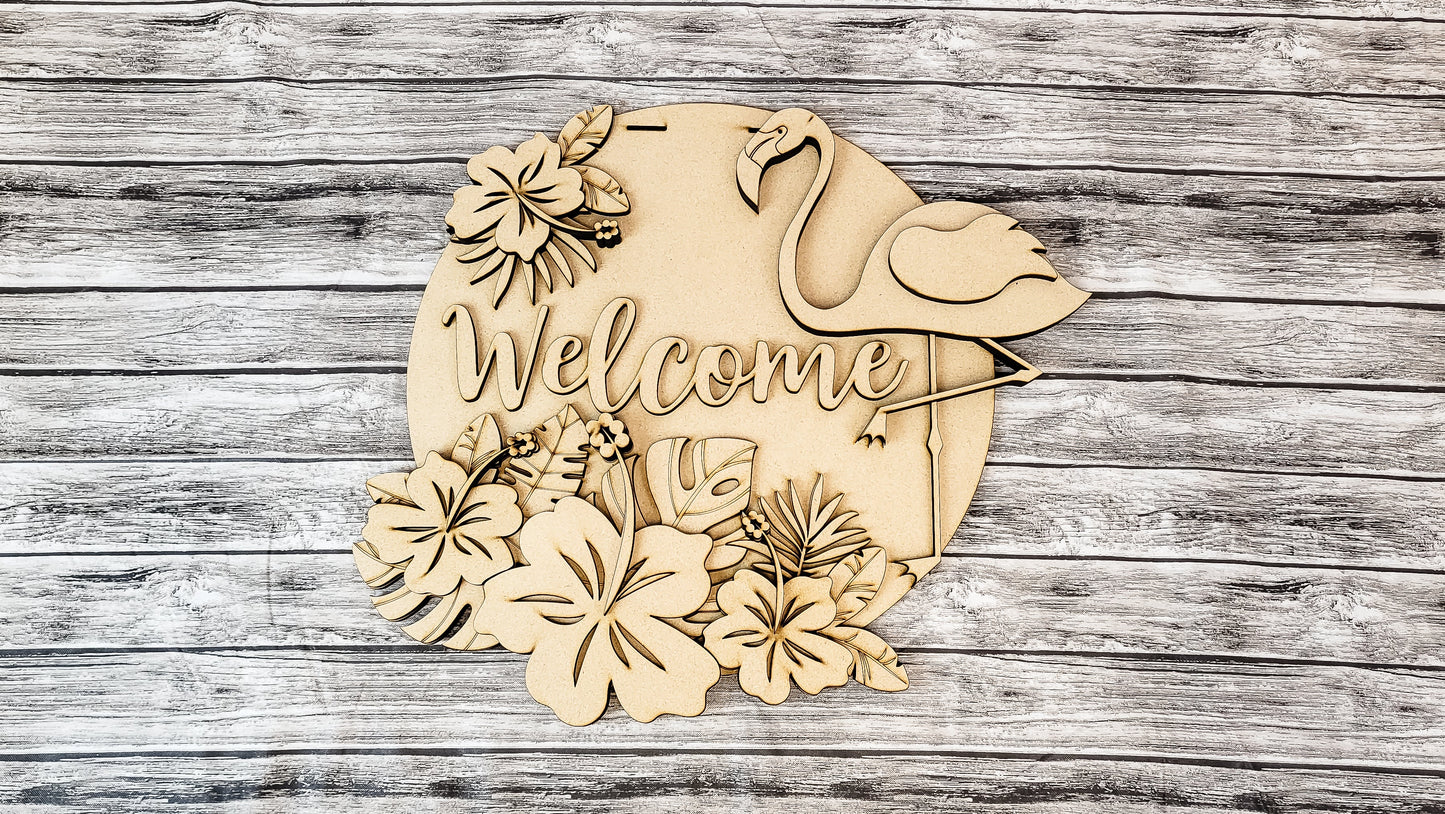 3D Welcome Tropical Palms and Flamingo Door Hanger DIY Unfinished Kit