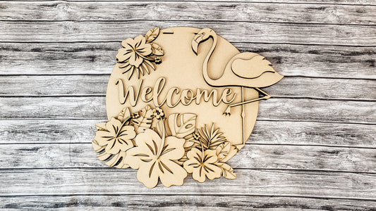3D Welcome Tropical Palms and Flamingo Door Hanger DIY Unfinished Kit