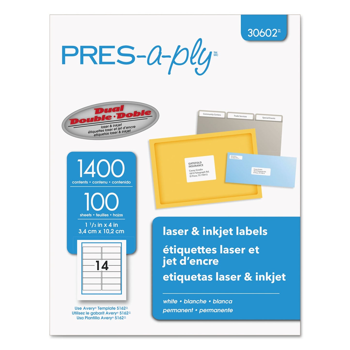 PRES-a-ply Labels, Laser Printers, 1.33 x 4, White, 14/Sheet, 100 Sheets/Box