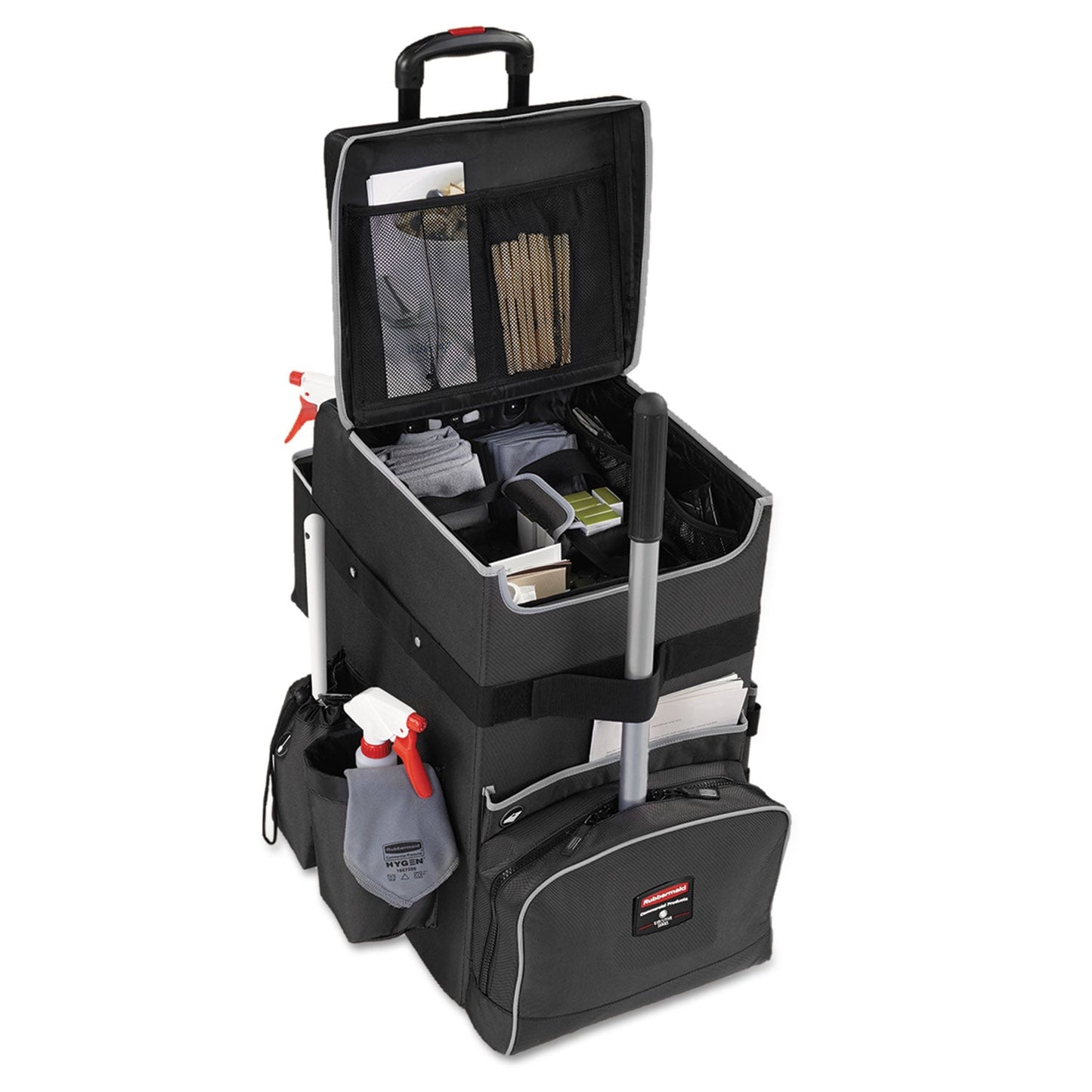 Rubbermaid Executive Quick Clean Janitorial Cart, Synthetic Fabric, 16 Compartments, 14.25" x 16.5" x 25", Dark Gray