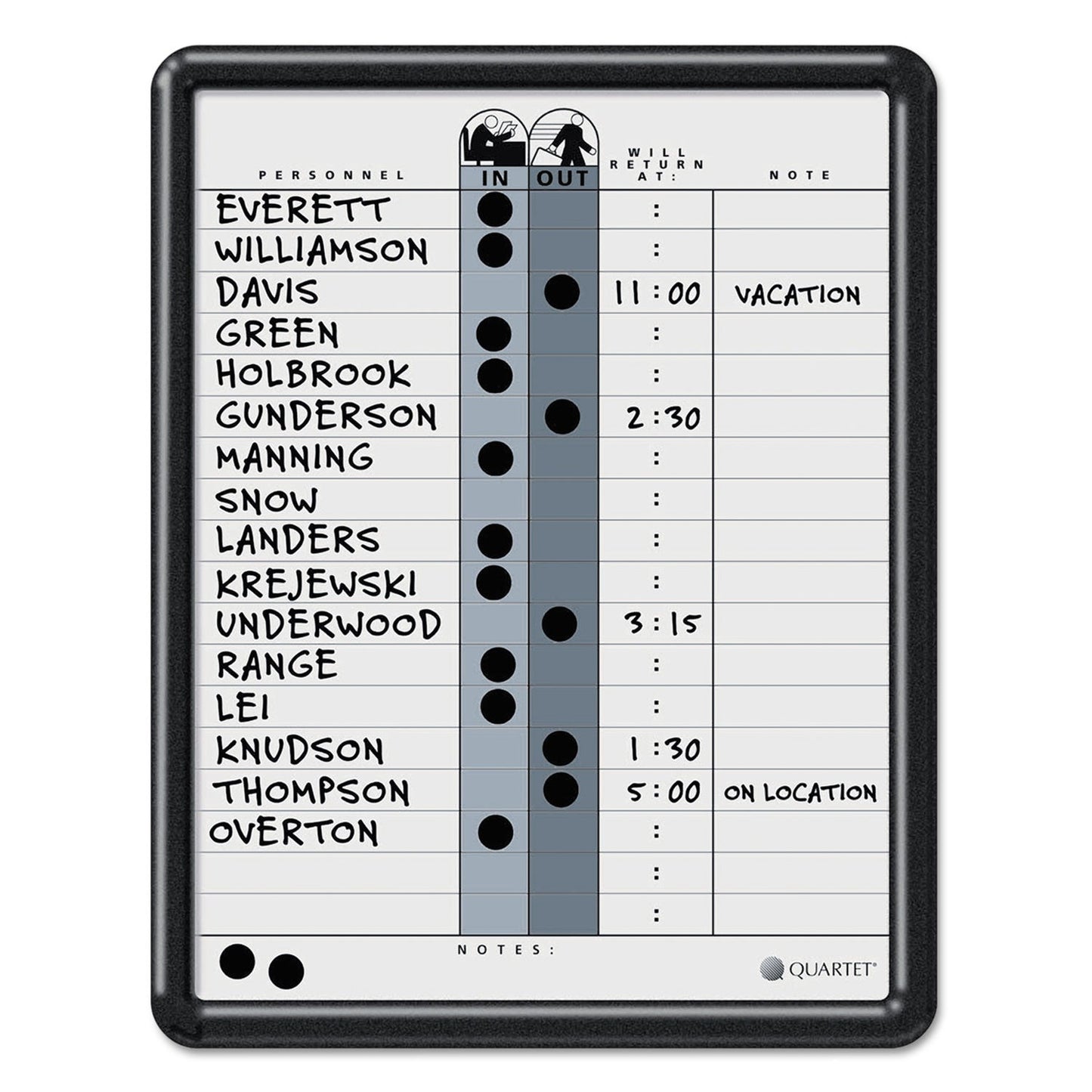 Quartet Employee In/Out Board, Porcelain, 11 x 14, Gray, Black Plastic Frame