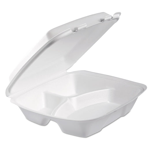 Dart Foam Hinged Lid Container, Performer Perforated Lid, 3-Compartment, 9 x 9.4 x 3, White, 100/Bag, 2 Bag/Carton