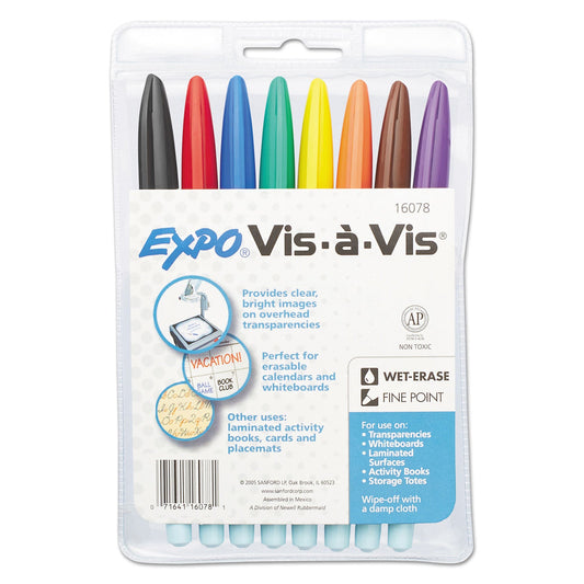 EXPO Vis-a-Vis Wet Erase Marker, Fine Bullet Tip, Assorted Colors, 8/Set