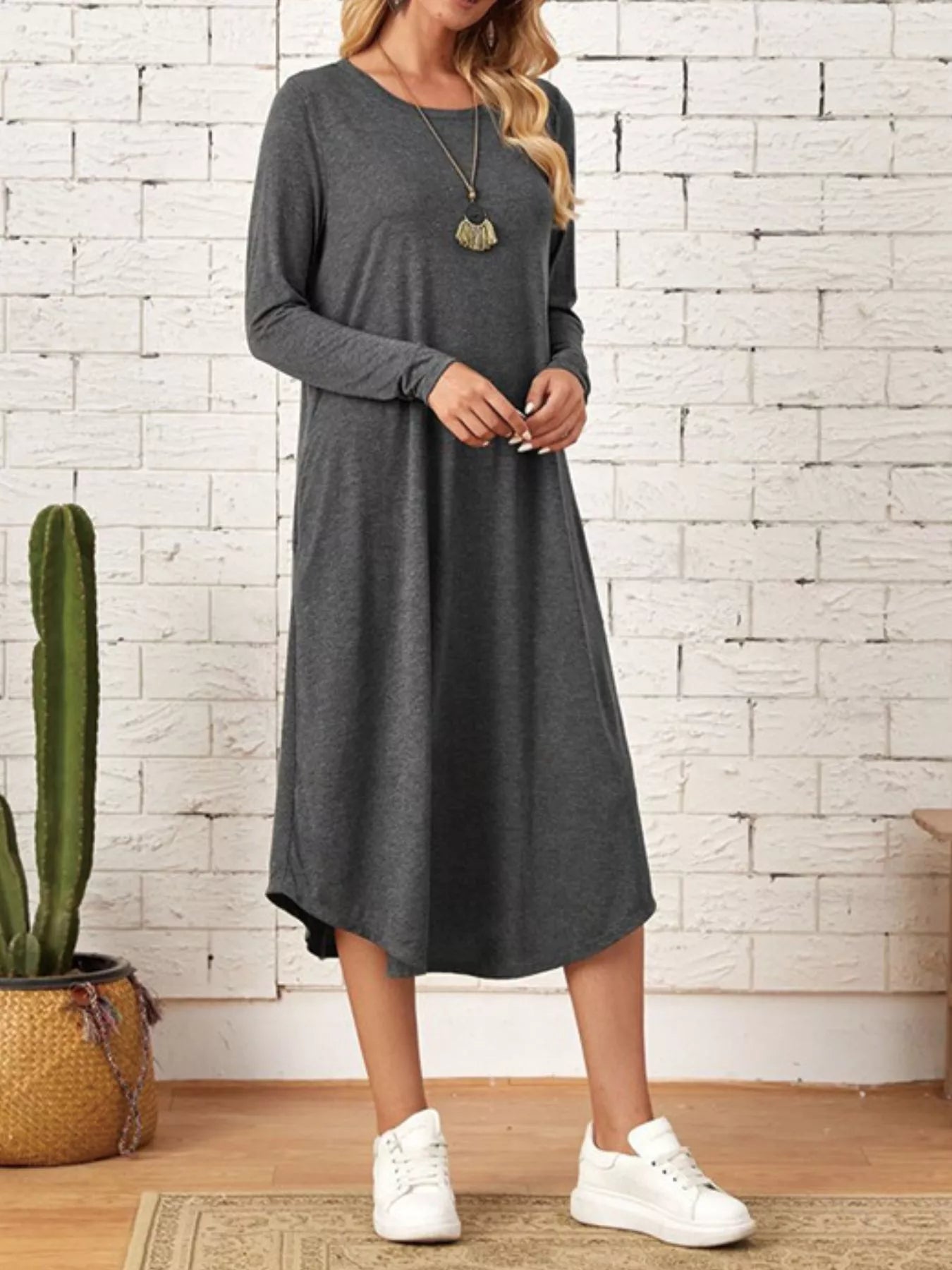 Casual Long Sleeve Pocket Midi Dress