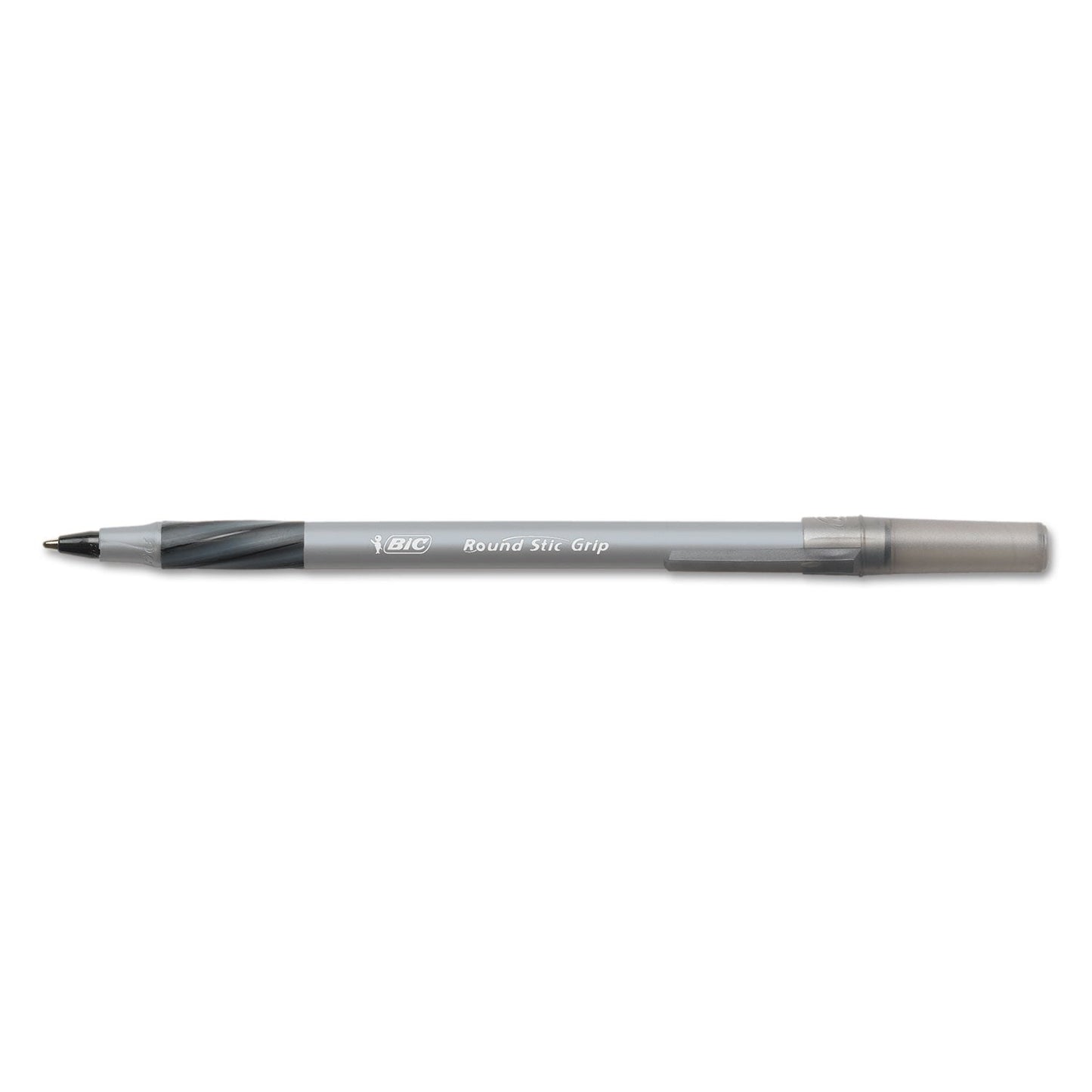 BIC Round Stic Grip Xtra Comfort Ballpoint Pen Value Pack, Easy-Glide, Stick, Medium 1.2 mm, Black Ink, Gray/Black Barrel, 36/PK