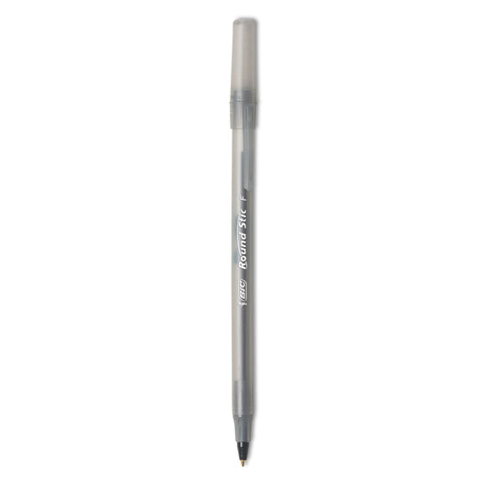 BIC Round Stic Xtra Precision Ballpoint Pen, Stick, Fine 0.8 mm, Black Ink, Smoke Barrel, Dozen