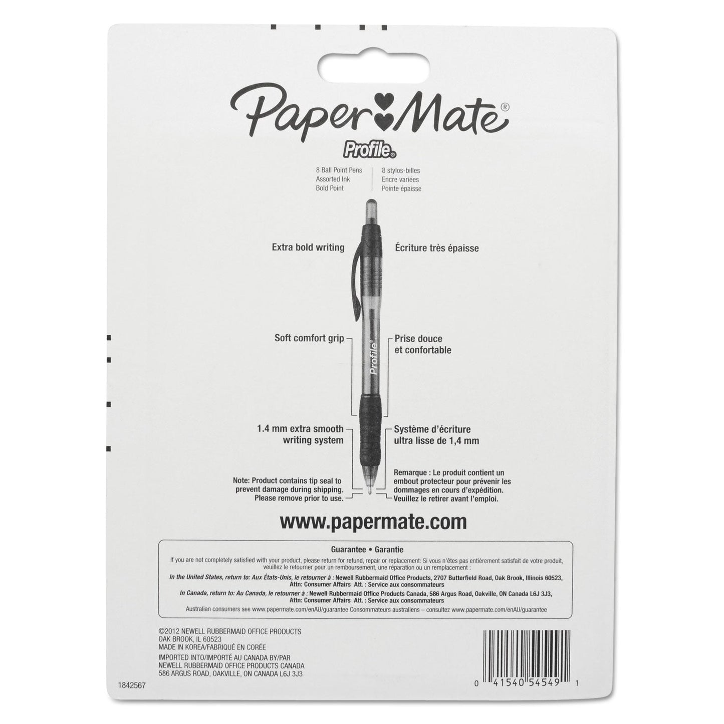 Paper Mate Profile Ballpoint Pen, Retractable, Bold 1.4 mm, Assorted Ink and Barrel Colors, 8/Pack