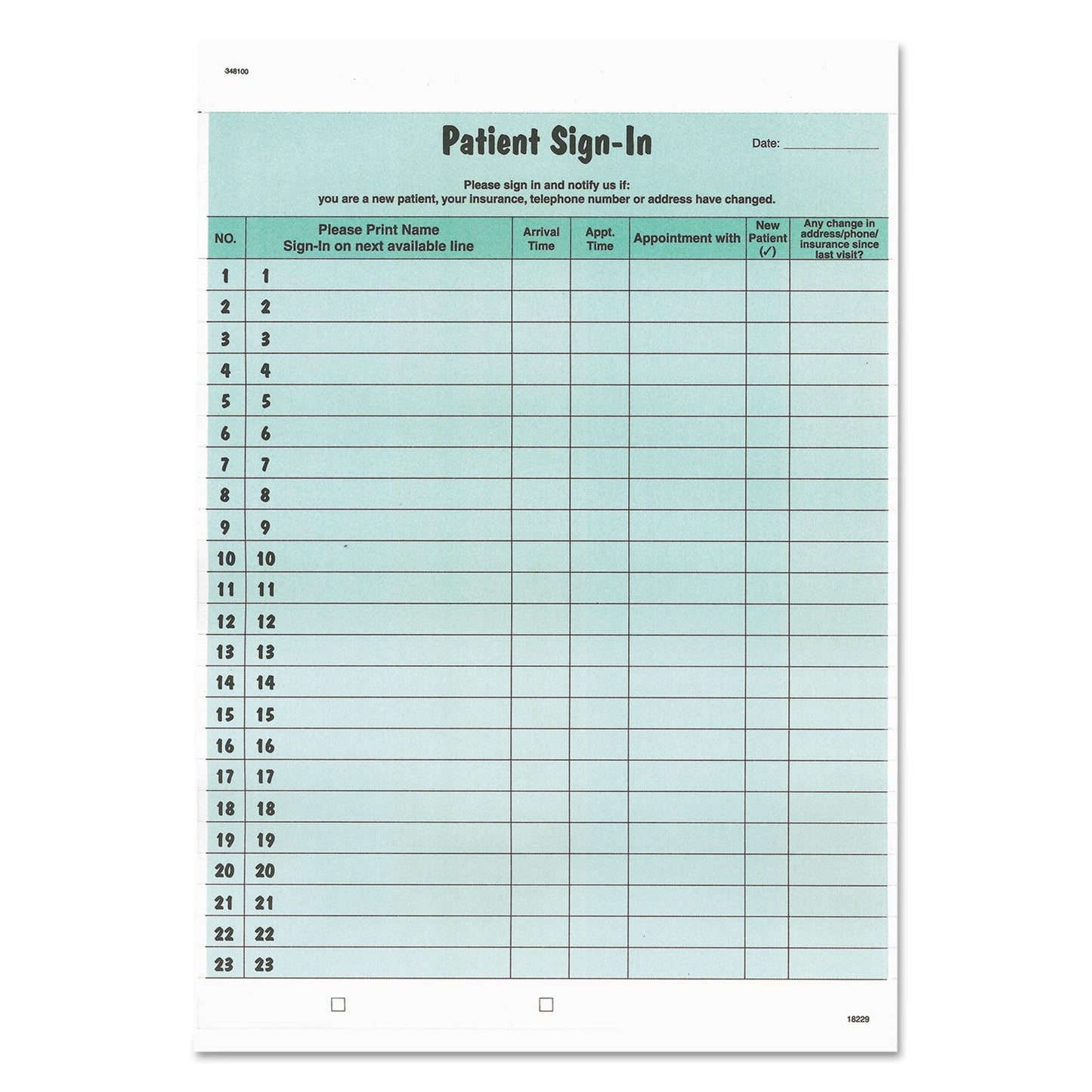 Tabbies Patient Sign-In Label Forms, Two-Part Carbon, 8.5 x 11.63, Green, 1/Page, 125 Forms