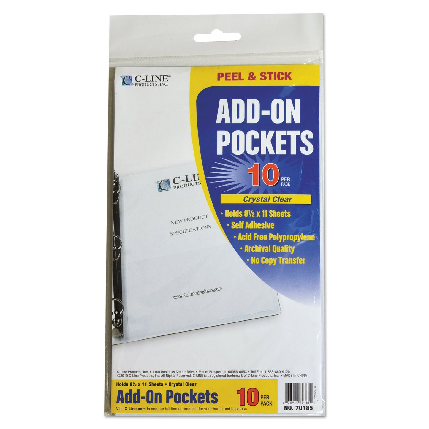 C-Line Peel and Stick Add-On Filing Pockets, 25", 11 x 8.5, 10/Pack